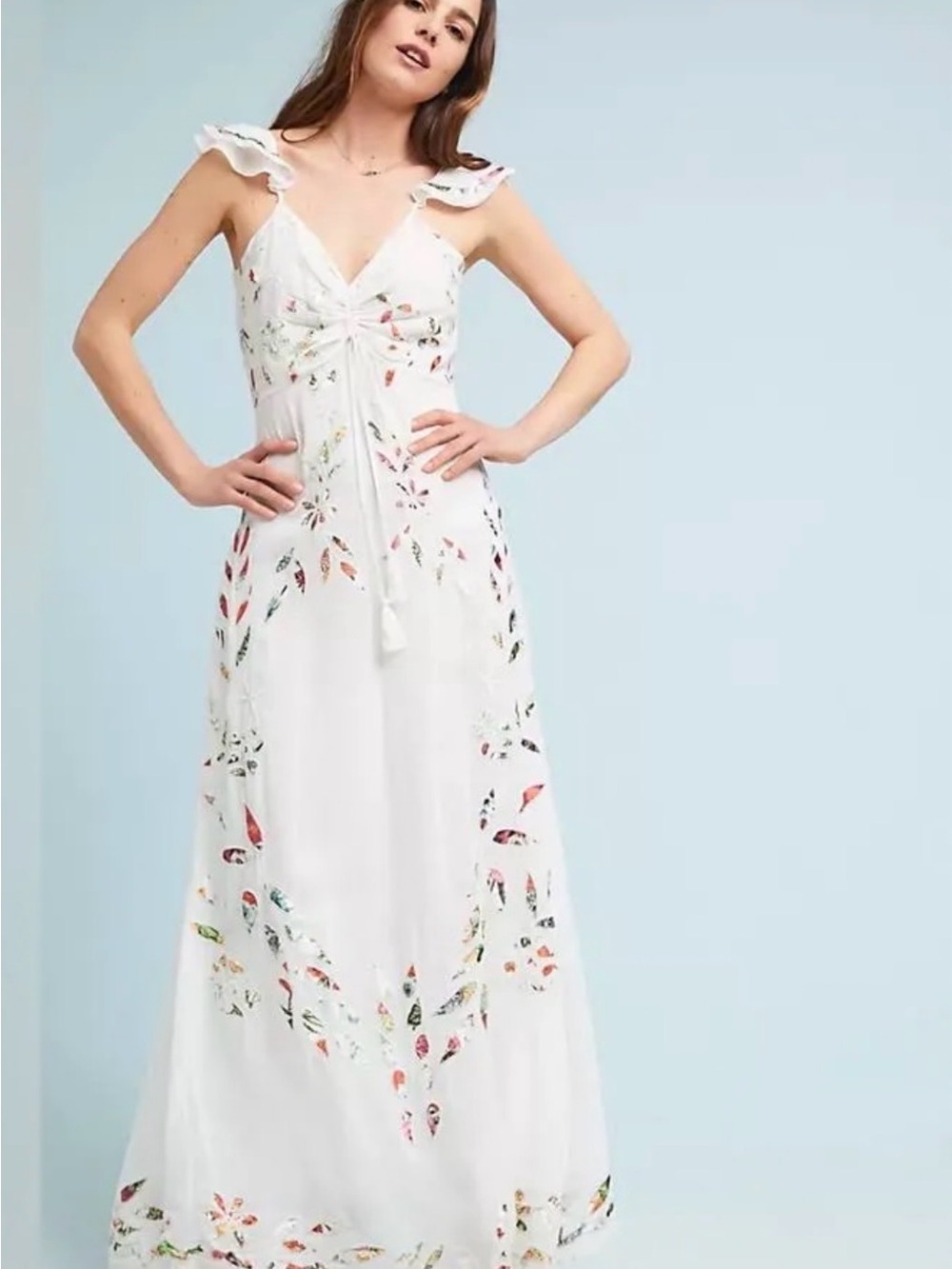 Anthropologie White Maxi Dress with Multicolor Floral Accents